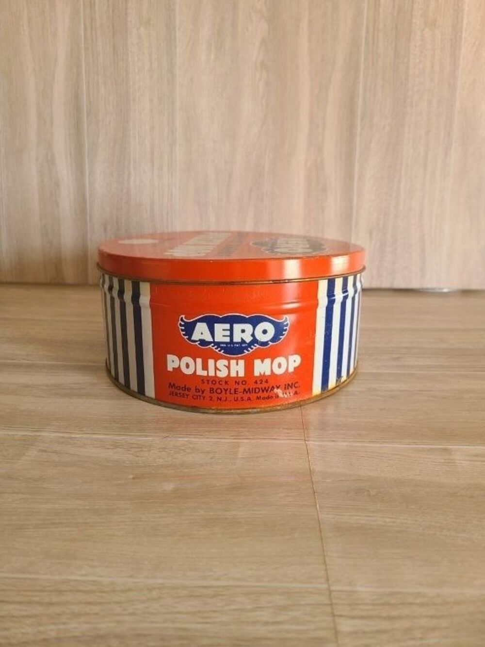 Vtg Aero Polish Mop Tin Boyle-Midway USA 424 Red Blue Advertising MCM Decor